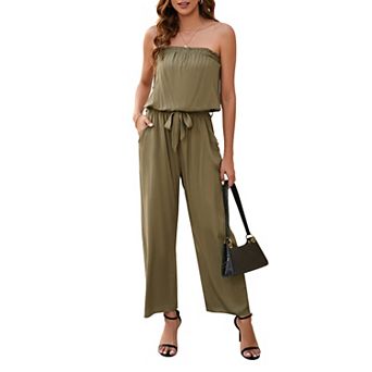 Women's Off Shoulder Jumpsuits Elastic Waist Floral Print Romper with Pockets