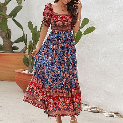 green emerald velvet dress Bohemian Rainbow Tiered Maxi Dress | Flowy Boho Style in Rainbow | Women's Boho Fashion | M main image 1