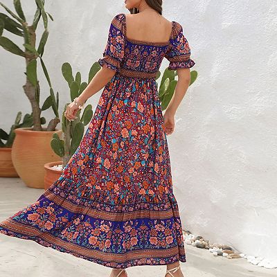 traditional bohemian dress Silk Maxi Dress  Lace-up Front, Vintage Boho Style
