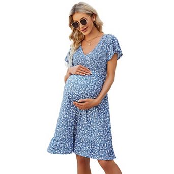 Women's Maternity Smocked Short Sleeve Summer Dress V Neck Boho Ruffle Casual Swing Midi Dress Baby