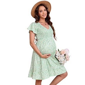 Women's Maternity Smocked Short Sleeve Summer Dress V Neck Boho Ruffle Casual Swing Midi Dress Baby
