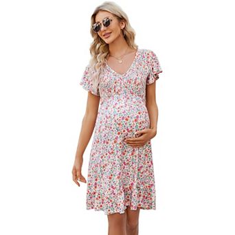 Women's Maternity Smocked Short Sleeve Summer Dress V Neck Boho Ruffle Casual Swing Midi Dress Baby