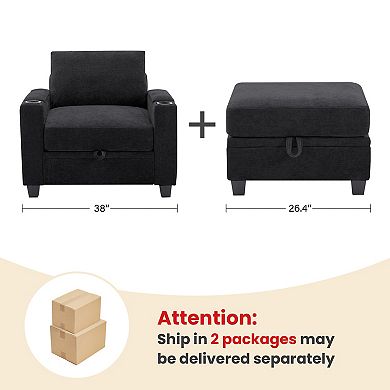 SERWALL Chenille Single Storage Sofa Chair with a Removable Ottoman