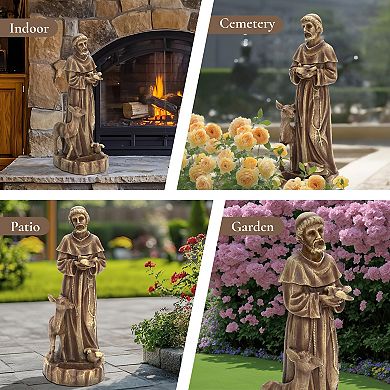LuxenHome Saint Francis Garden Statue, 25'' Fiber Stone Brown Religious Catholic Outdoor Sculptures