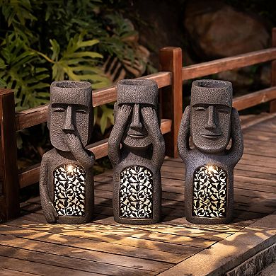 LuxenHome See, Hear, Speak No Evil Set of 3 Garden Easter Island Solar Statues