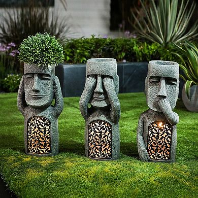 LuxenHome See, Hear, Speak No Evil Set of 3 Garden Easter Island Solar Statues
