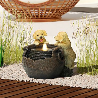 LuxenHome Puppy Love Farmhouse Resin Outdoor Fountain with Lights