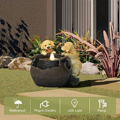 LuxenHome Puppy Love Farmhouse Resin Outdoor Fountain with Lights