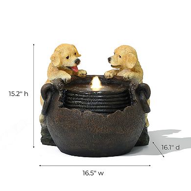 LuxenHome Puppy Love Farmhouse Resin Outdoor Fountain with Lights