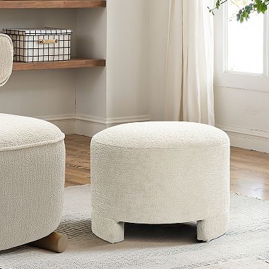 LuxenHome Upholstered Cream Modern Round Ottoman
