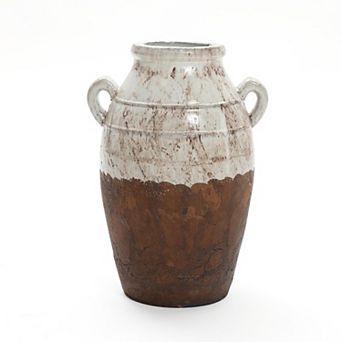LuxenHome Rustic Cream and Brown Terracotta Urn with Handles 18.5-Inch Tall Vase