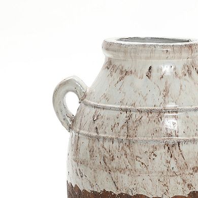 LuxenHome Rustic Cream and Brown Terracotta Urn with Handles 18.5-Inch Tall Vase
