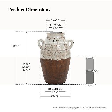 LuxenHome Rustic Cream and Brown Terracotta Urn with Handles 18.5-Inch Tall Vase