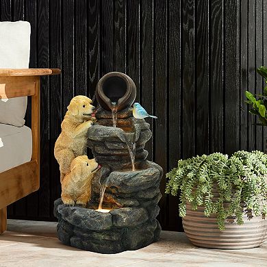 LuxenHome Puppy Rock Tower Farmhouse Resin Outdoor Fountain with Lights