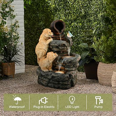 LuxenHome Puppy Rock Tower Farmhouse Resin Outdoor Fountain with Lights