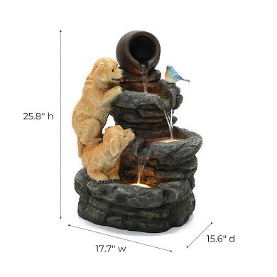 LuxenHome Puppy Rock Tower Farmhouse Resin Outdoor Fountain with Lights