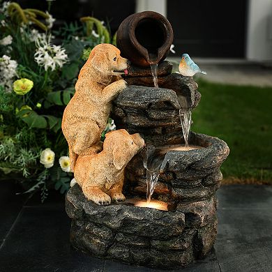 LuxenHome Puppy Rock Tower Farmhouse Resin Outdoor Fountain with Lights