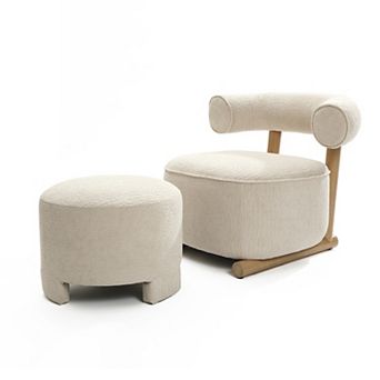 LuxenHome Upholstered Cream Modern U-Shape Back Accent Chair with Matching Ottoman