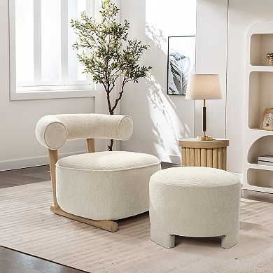 LuxenHome Upholstered Cream Modern U-Shape Back Accent Chair with Matching Ottoman
