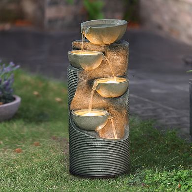 LuxenHome Modern Gray Resin Tiered Bowls Outdoor Fountain with Lights