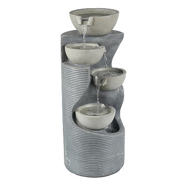 LuxenHome Modern Gray Resin Tiered Bowls Outdoor Fountain with Lights