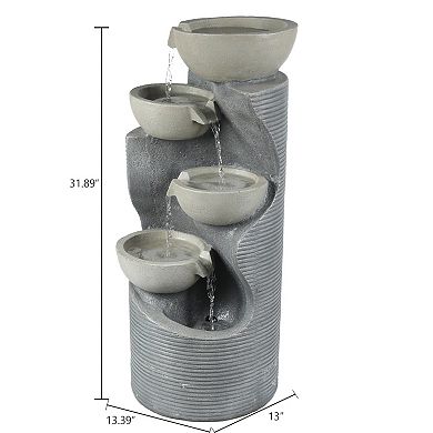 LuxenHome Modern Gray Resin Tiered Bowls Outdoor Fountain with Lights