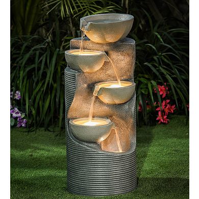 LuxenHome Modern Gray Resin Tiered Bowls Outdoor Fountain with Lights