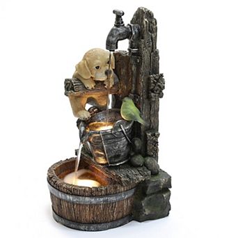 LuxenHome Puppy at the Farmhouse Faucet Resin Outdoor Fountain with Lights