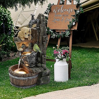 LuxenHome Puppy at the Farmhouse Faucet Resin Outdoor Fountain with Lights