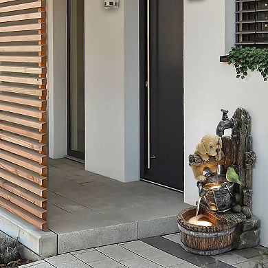 LuxenHome Puppy at the Farmhouse Faucet Resin Outdoor Fountain with Lights
