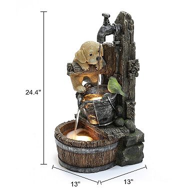 LuxenHome Puppy at the Farmhouse Faucet Resin Outdoor Fountain with Lights