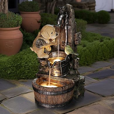 LuxenHome Puppy at the Farmhouse Faucet Resin Outdoor Fountain with Lights