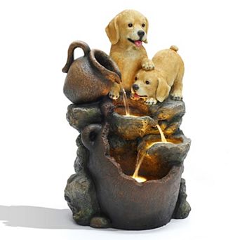 LuxenHome Puppy Friends Farmhouse Resin Outdoor Fountain with Lights