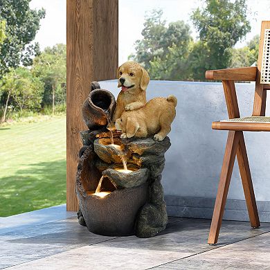 LuxenHome Puppy Friends Farmhouse Resin Outdoor Fountain with Lights