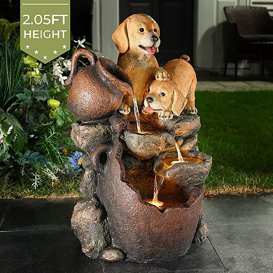 LuxenHome Puppy Friends Farmhouse Resin Outdoor Fountain with Lights