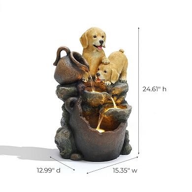 LuxenHome Puppy Friends Farmhouse Resin Outdoor Fountain with Lights