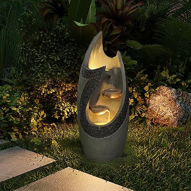 LuxenHome Resin Modern Tiered Patio Fountain with LED Lights
