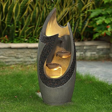 LuxenHome Resin Modern Tiered Patio Fountain with LED Lights