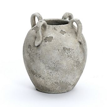 LuxenHome Rustic Gray and White Terracotta 10-Inch Round Vase with Handles