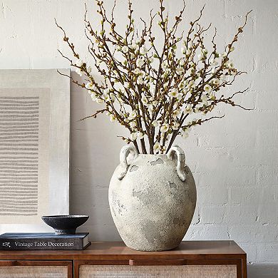 LuxenHome Rustic Gray and White Terracotta 10-Inch Round Vase with Handles