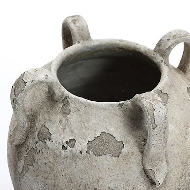 LuxenHome Rustic Gray and White Terracotta 10-Inch Round Vase with Handles