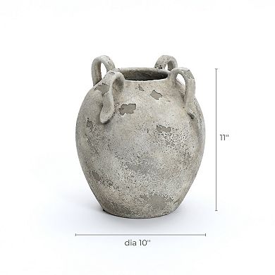LuxenHome Rustic Gray and White Terracotta 10-Inch Round Vase with Handles