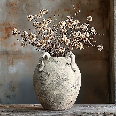 LuxenHome Rustic Gray and White Terracotta 10-Inch Round Vase with Handles