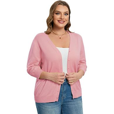 Women's Plus Size Cardigan Open Front Oversized Button Sweaters V Neck 3/4 Sleeve Knit Outwear