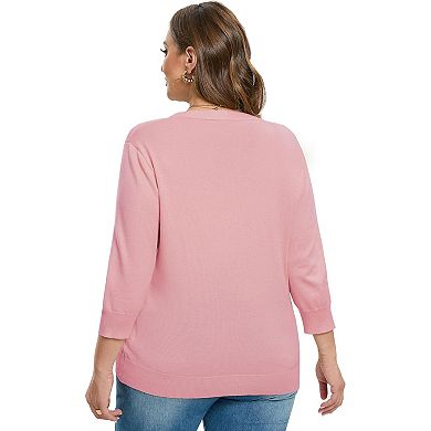 Women's Plus Size Cardigan Open Front Oversized Button Sweaters V Neck 3/4 Sleeve Knit Outwear