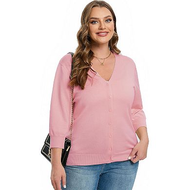 Women's Plus Size Cardigan Open Front Oversized Button Sweaters V Neck 3/4 Sleeve Knit Outwear
