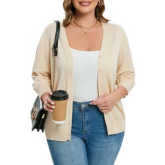 Women's Plus Size Cardigan Open Front Oversized Button Sweaters V Neck 3/4 Sleeve Knit Outwear