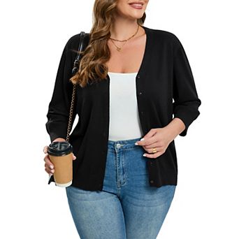 Women's Plus Size Cardigan Open Front Oversized Button Sweaters V Neck 3/4 Sleeve Knit Outwear