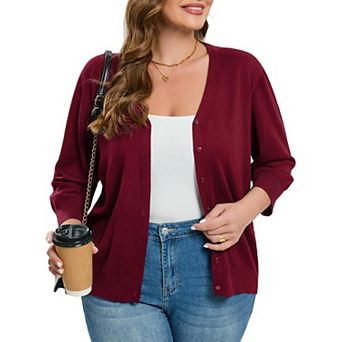 Women's Plus Size Cardigan Open Front Oversized Button Sweaters V Neck 3/4 Sleeve Knit Outwear