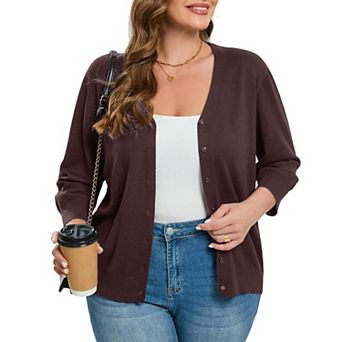Women's Plus Size Cardigan Open Front Oversized Button Sweaters V Neck 3/4 Sleeve Knit Outwear
